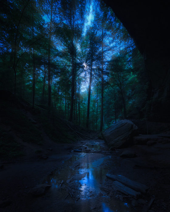 Ash Cave Blue Hour Moon ISO:100 - f/5 - 10mm - 30 sec